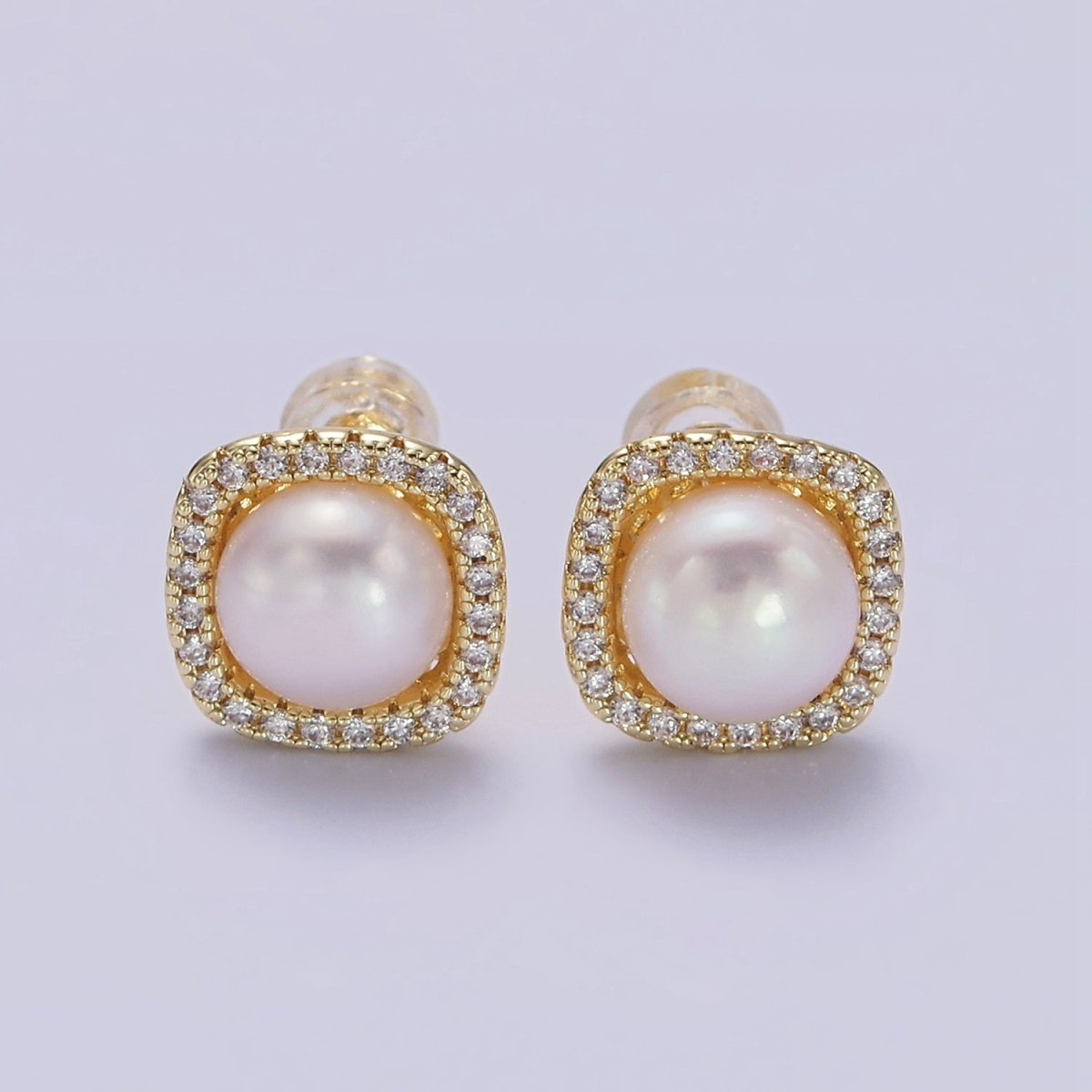 14K Gold Filled 11mm Pearl Clear Micro Paved CZ Rounded Square Stud Earrings | AE750 - DLUXCA