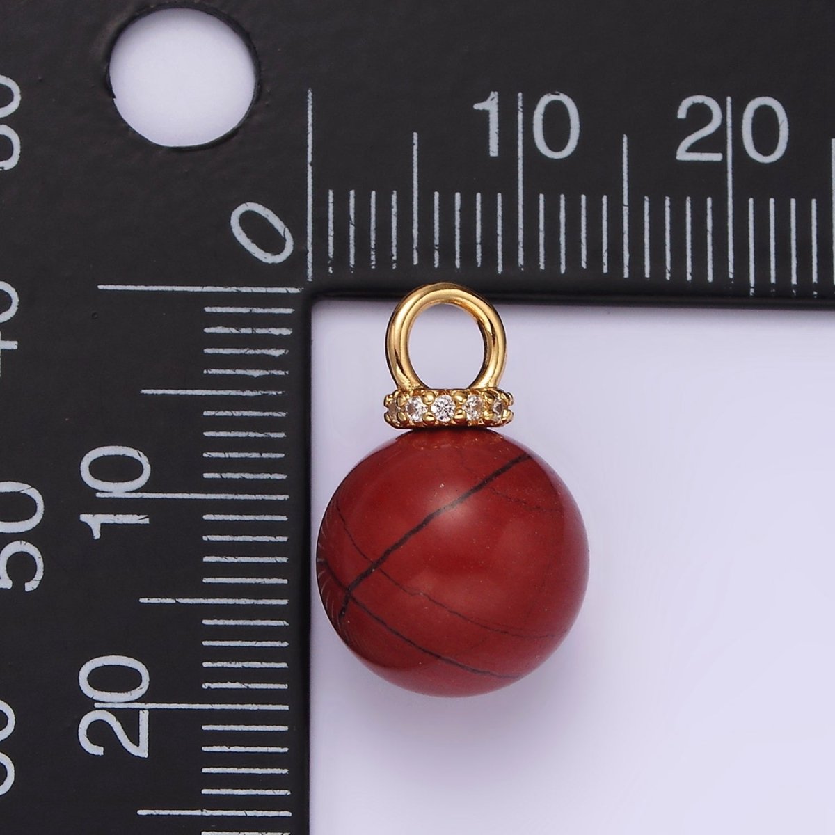 14K Gold Filled 12.5mm Red Jasper Round Sphere Ball Gemstone Micro Paved CZ Pendant | AG449 - DLUXCA