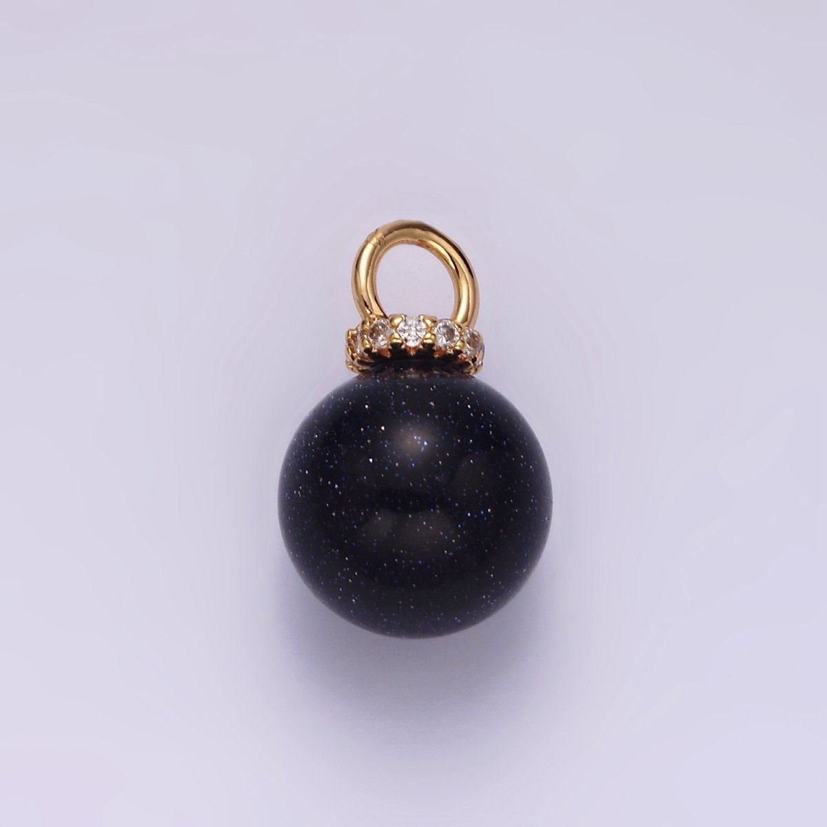 14K Gold Filled 12mm Synthetic Blue Goldstone Round Sphere Ball Micro Paved CZ Pendant | N1020 - DLUXCA