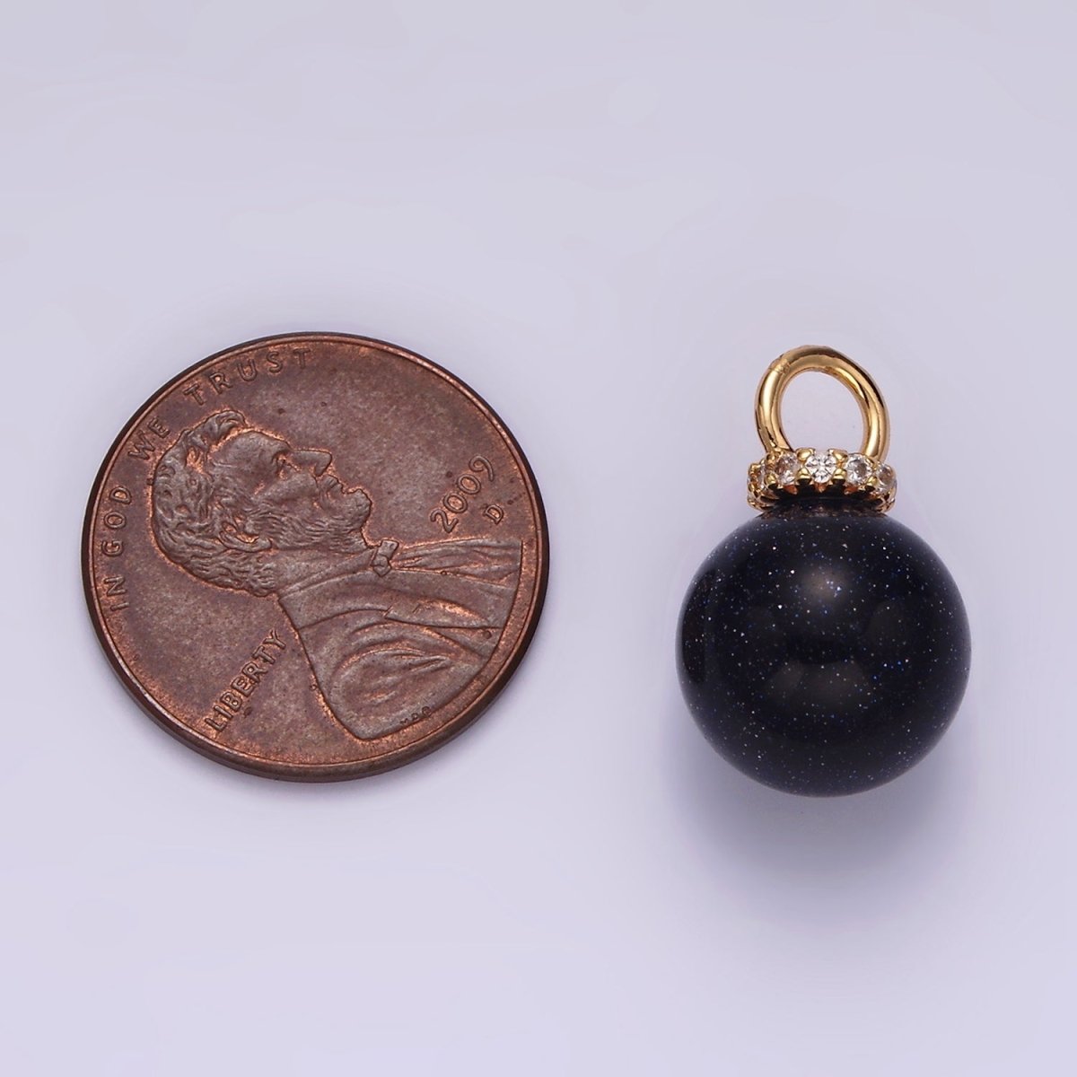 14K Gold Filled 12mm Synthetic Blue Goldstone Round Sphere Ball Micro Paved CZ Pendant | N1020 - DLUXCA