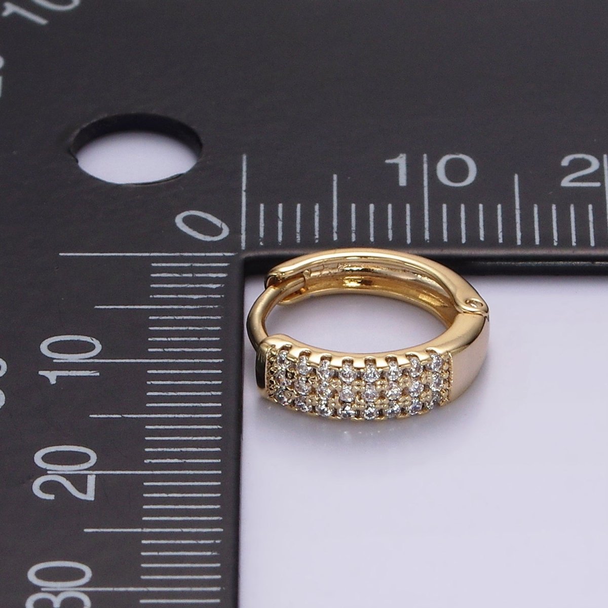 14K Gold Filled 13mm Clear CZ Triple Lined Micro Paved Huggie Earrings | V044 - DLUXCA