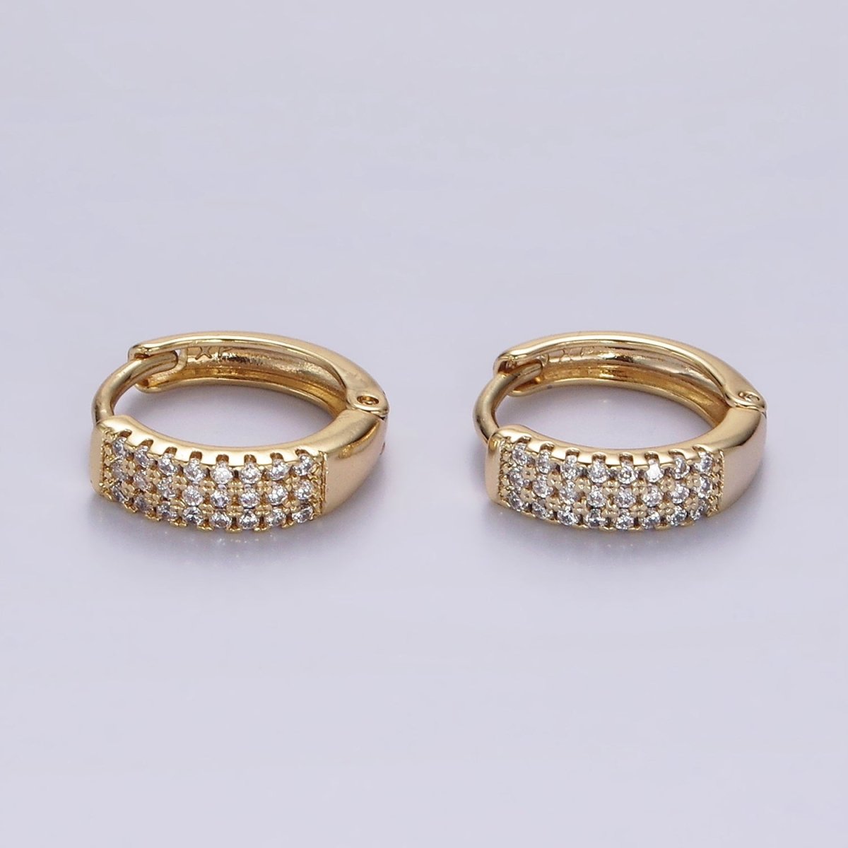 14K Gold Filled 13mm Clear CZ Triple Lined Micro Paved Huggie Earrings | V044 - DLUXCA