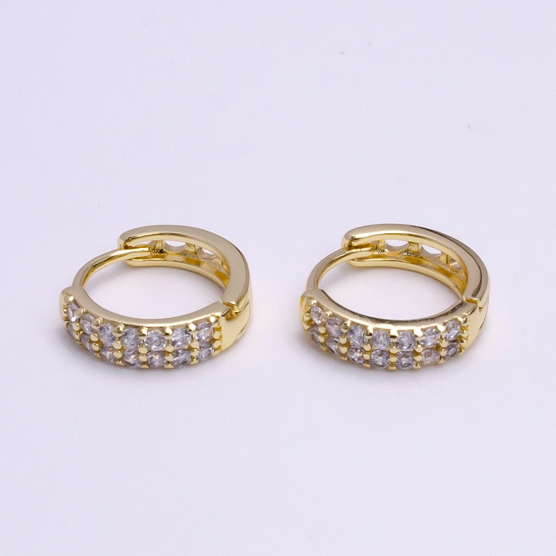 14K Gold Filled 13mm Clear Micro Paved Round Filigree Huggie Earrings | AE579 - DLUXCA