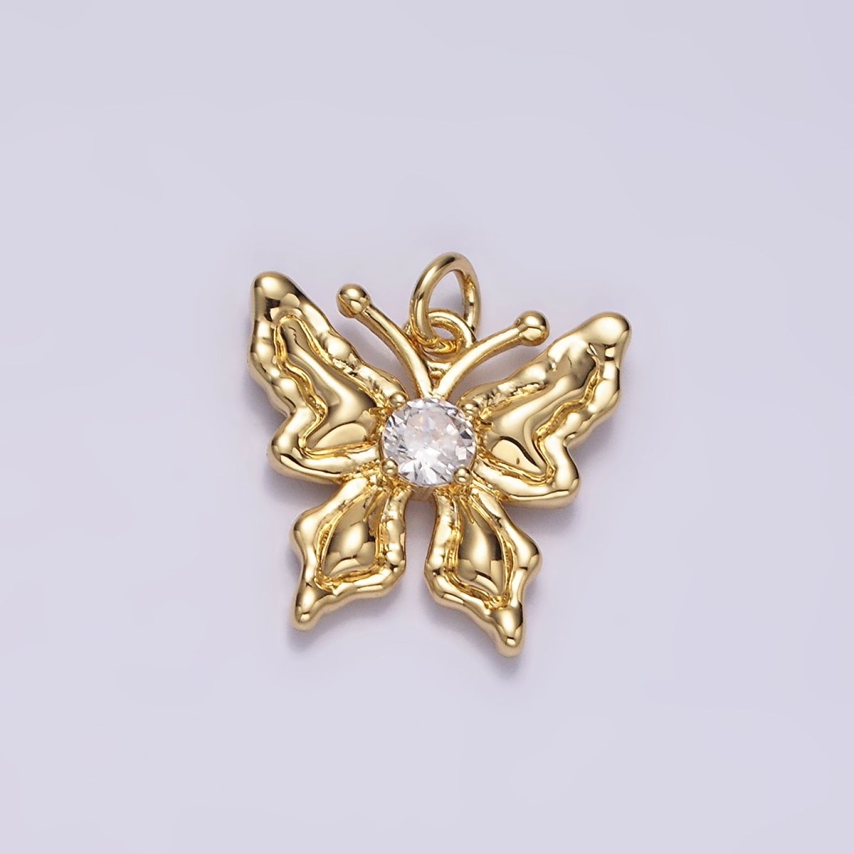 14K Gold Filled 14mm Clear Round CZ Hammered Antenna Butterfly Charm | N1494 - DLUXCA