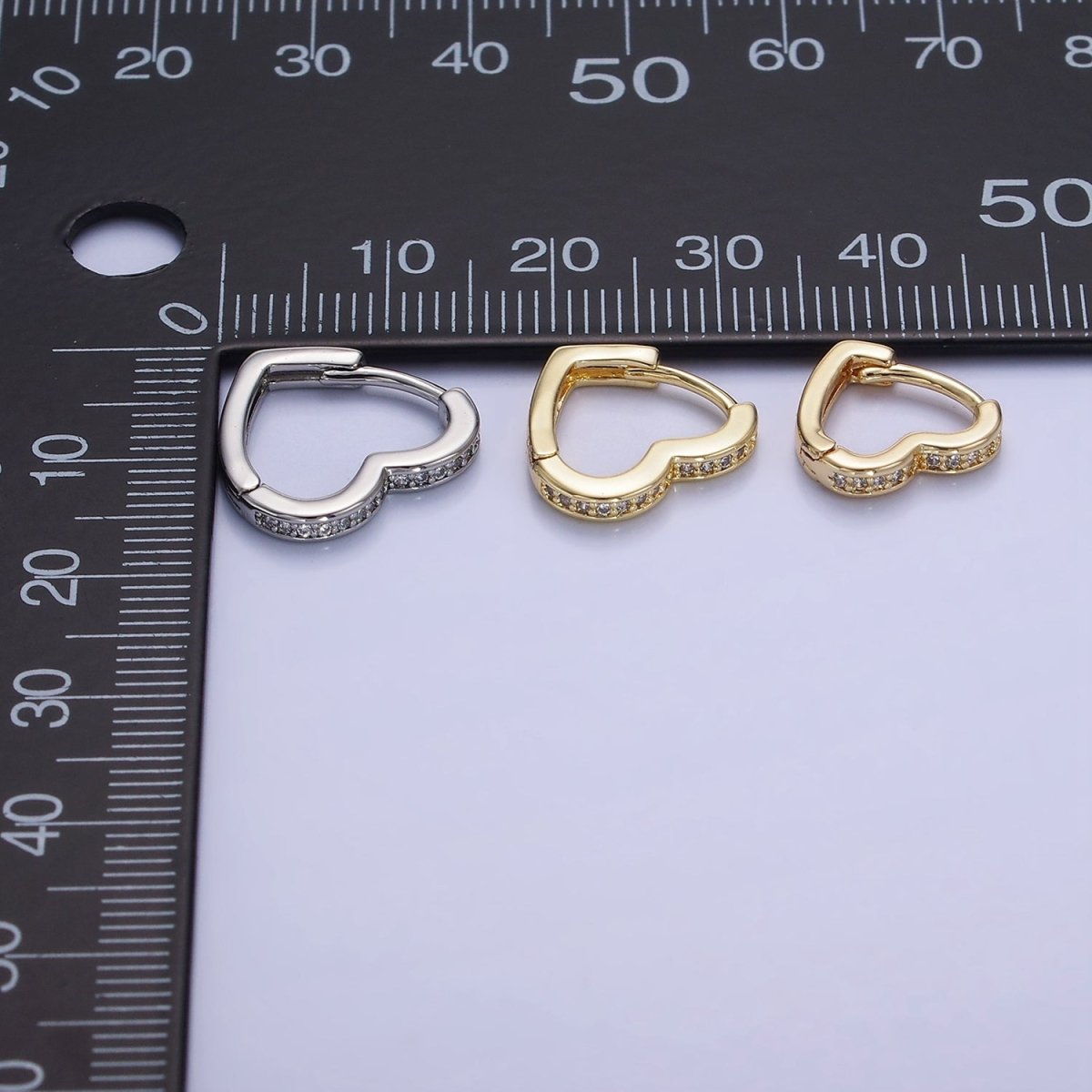 14K Gold Filled 15mm, 14mm Micro Paved CZ Heart Huggie Earrings in Gold & Silver | AB1355 - AB1357 - DLUXCA