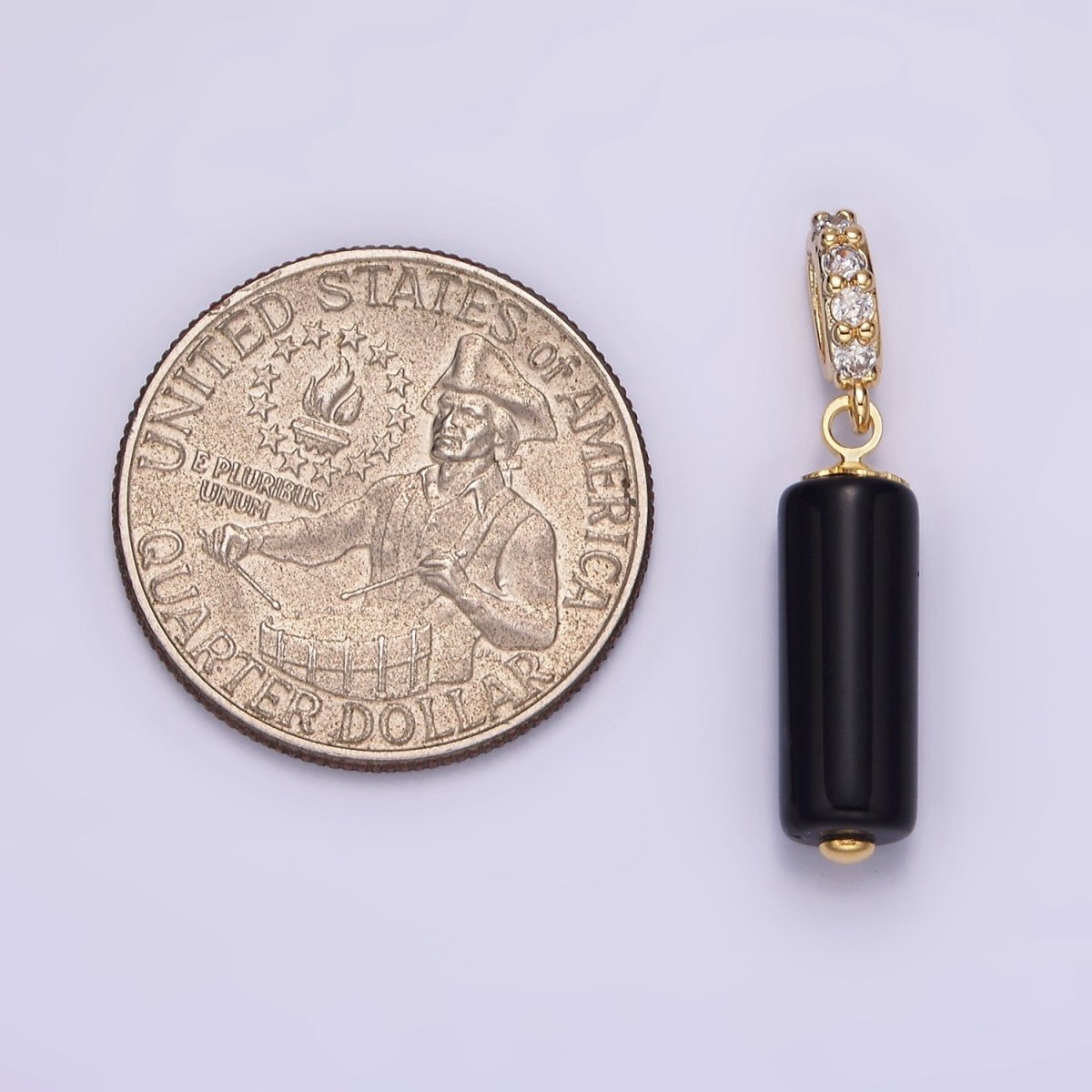 14K Gold Filled 15mm Black Onyx Gemstone Tube Clear Micro Paved CZ Bail Pendant | N1866 - DLUXCA