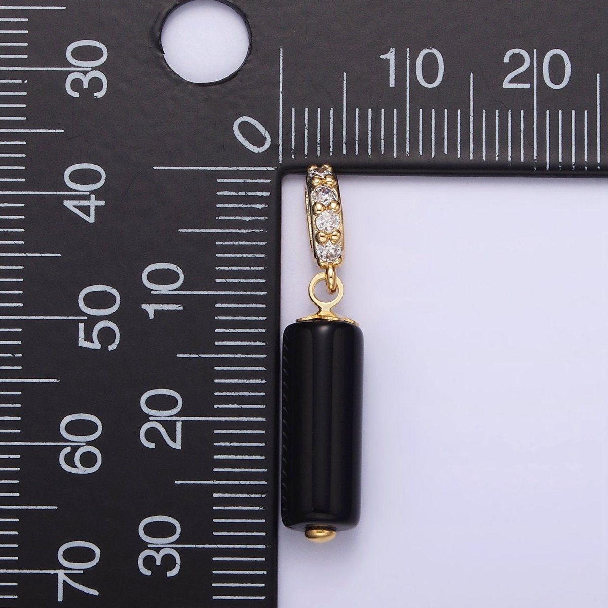 14K Gold Filled 15mm Black Onyx Gemstone Tube Clear Micro Paved CZ Bail Pendant | N1866 - DLUXCA