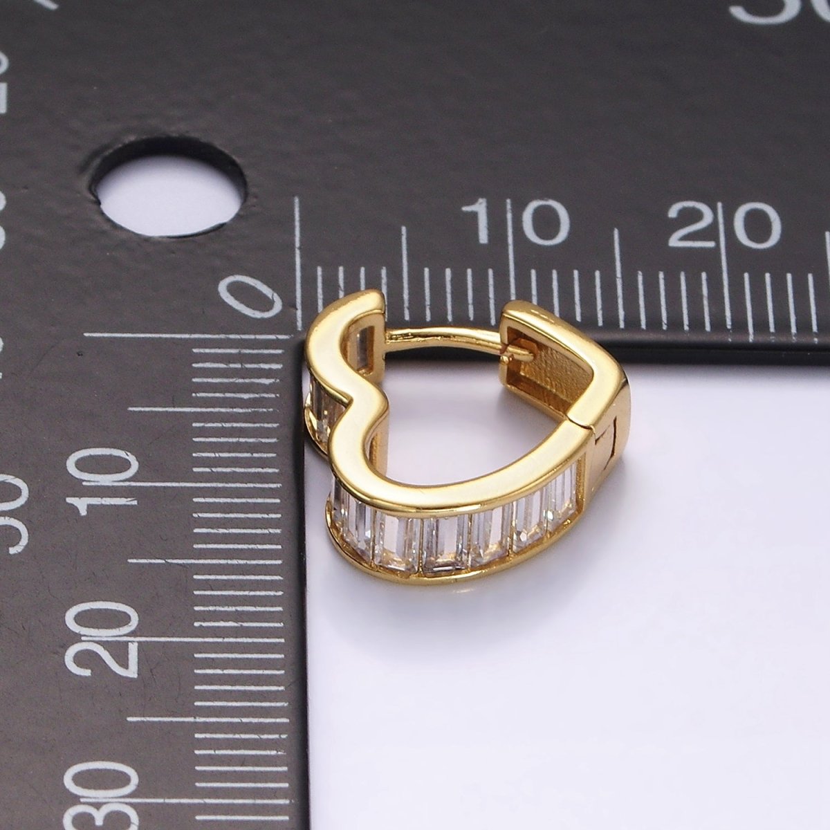 14K Gold Filled 15mm Clear Baguette Lined Heart Huggie Earrings | AE918 - DLUXCA