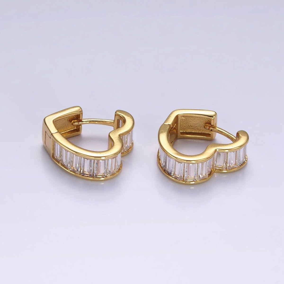 14K Gold Filled 15mm Clear Baguette Lined Heart Huggie Earrings | AE918 - DLUXCA
