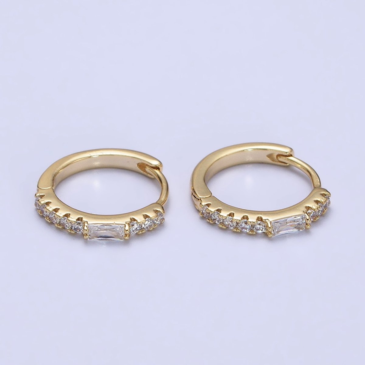 14K Gold Filled 15mm Clear Baguette Micro Paved CZ Huggie Earrings | AB414 - DLUXCA