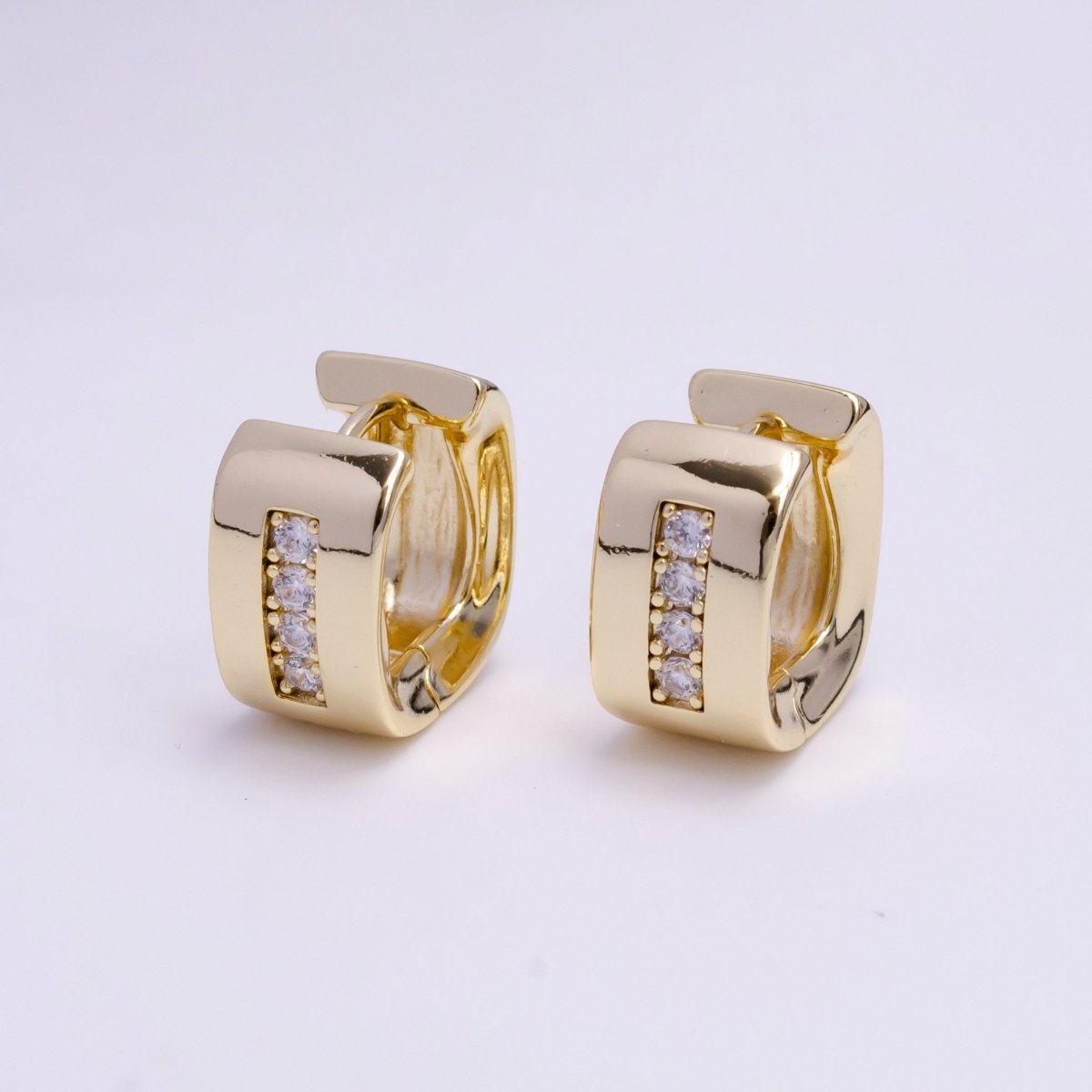 14K Gold Filled 15mm Clear CZ Lined Curve-Edged Wide Square Huggie Hoop Earrings | Y-927 - DLUXCA