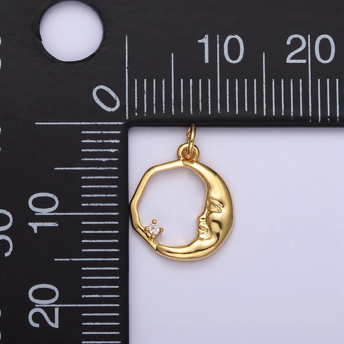 14K Gold Filled 15mm Clear CZ Open Crescent Moon Face Abstract Round Charm in Gold & Silver | N1114 N1115 - DLUXCA