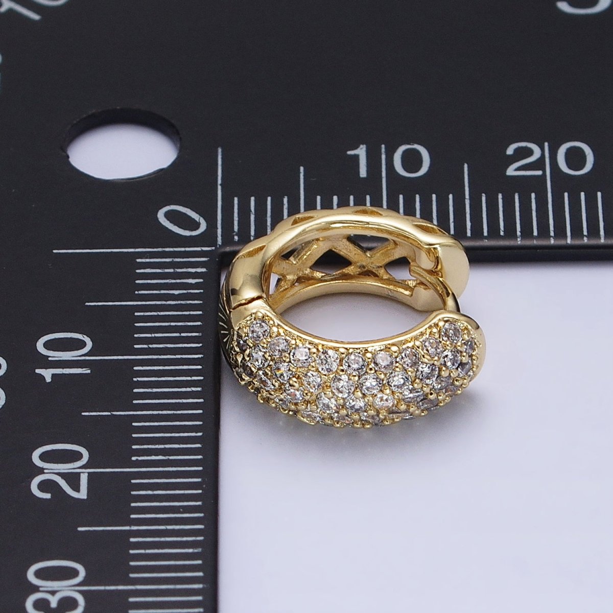 14K Gold Filled 15mm Micro Paved CZ Rhombus Filigree Huggie Earrings | AD1527 - DLUXCA