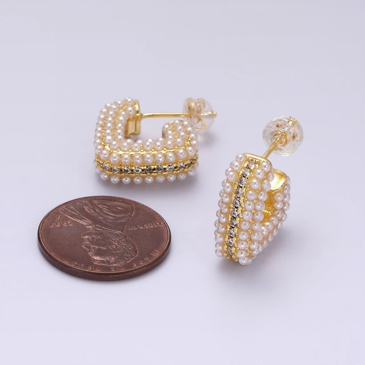 14K Gold FIlled 15mm Pearl Micro Paved CZ Lined Boxy J-Shaped Earrings in Gold & Silver | AE1007 AE1008 - DLUXCA