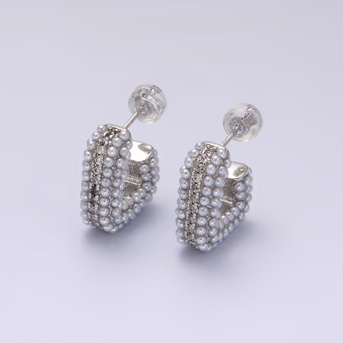 14K Gold FIlled 15mm Pearl Micro Paved CZ Lined Boxy J-Shaped Earrings in Gold & Silver | AE1007 AE1008 - DLUXCA