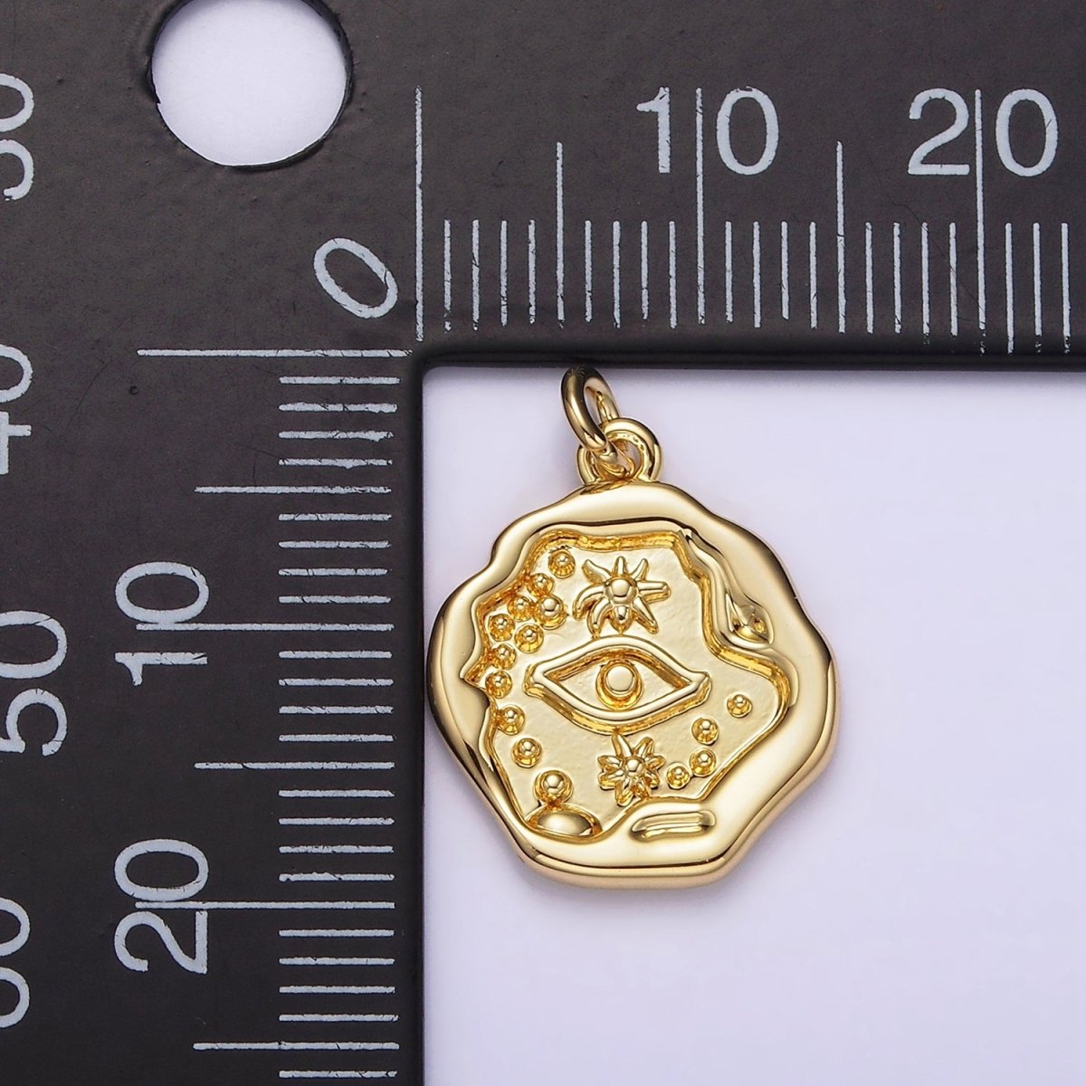14K Gold Filled 17mm Evil Eye Celestial Sun Dotted Stamped Abstract Round Charm | AG213 - DLUXCA