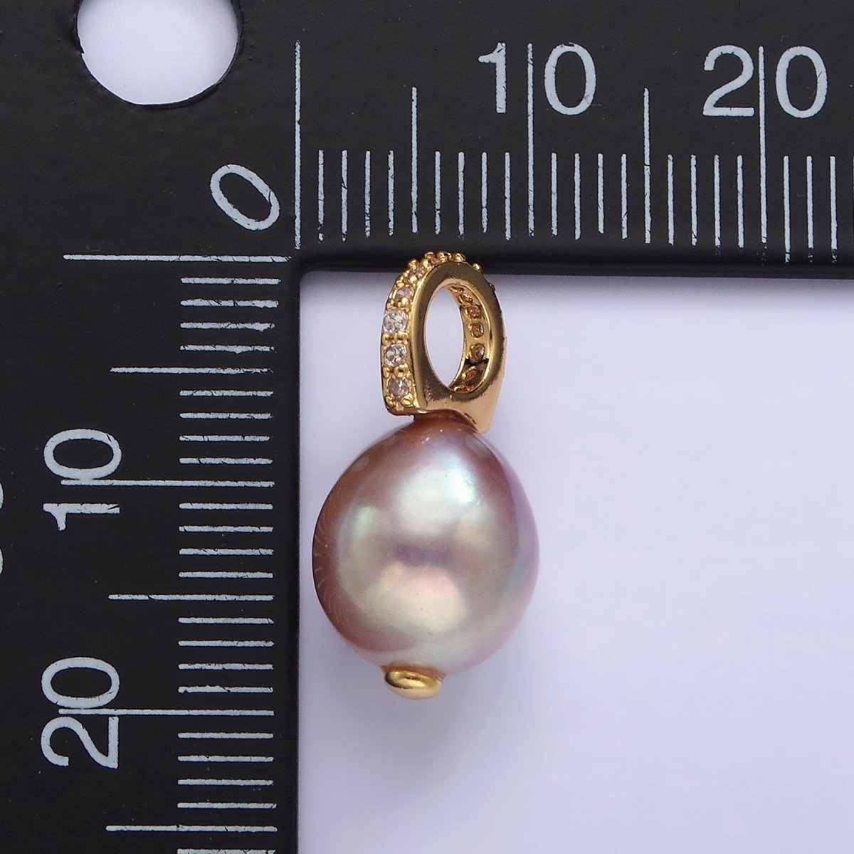 14K Gold Filled 19.5mm Pink, Purple Pearl Button Drop Micro Paved CZ Pendant | P1643 - DLUXCA