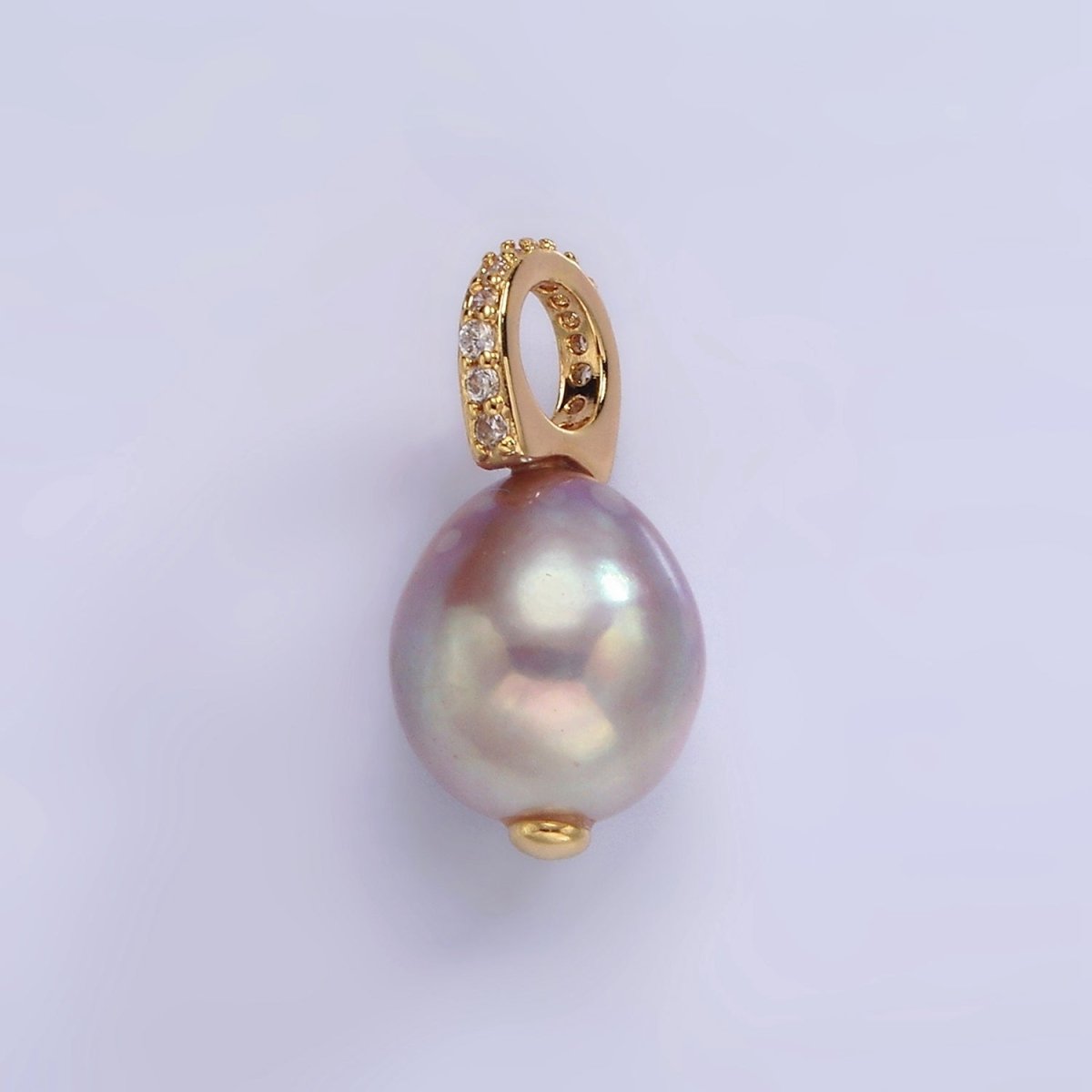 14K Gold Filled 19.5mm Pink, Purple Pearl Button Drop Micro Paved CZ Pendant | P1643 - DLUXCA
