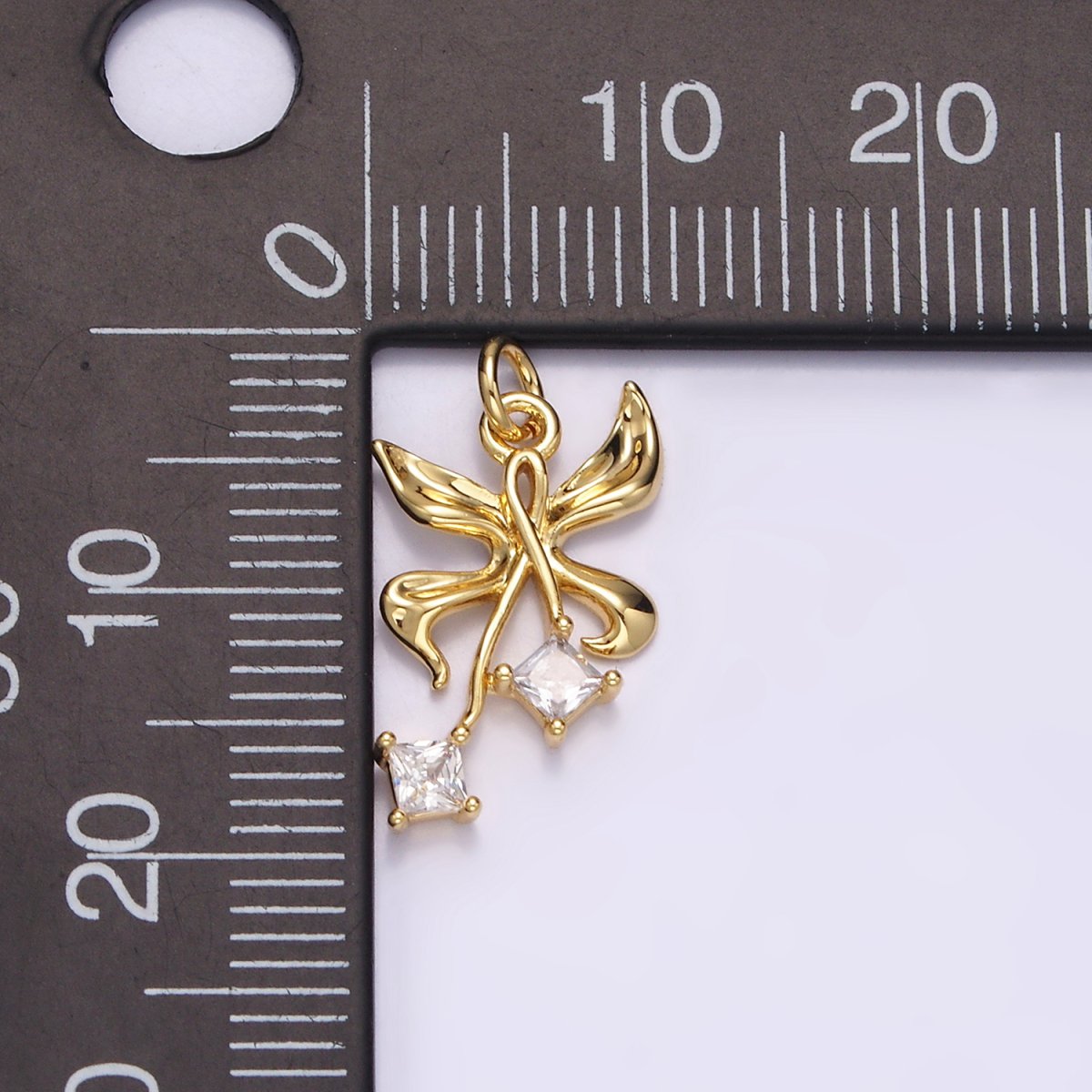 14K Gold Filled 19mm Butterfly Ribbon Double Clear CZ Rhombus Charm | N1487 - DLUXCA