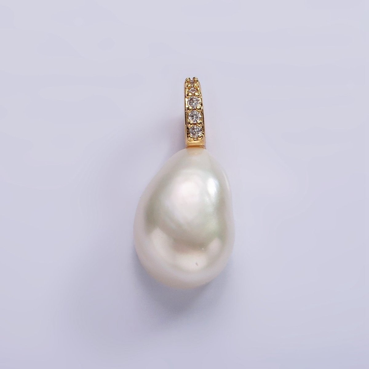 14K Gold Filled 19mm White Freshwater Pearl Button Drop Micro Paved CZ Pendant | P1641 - DLUXCA