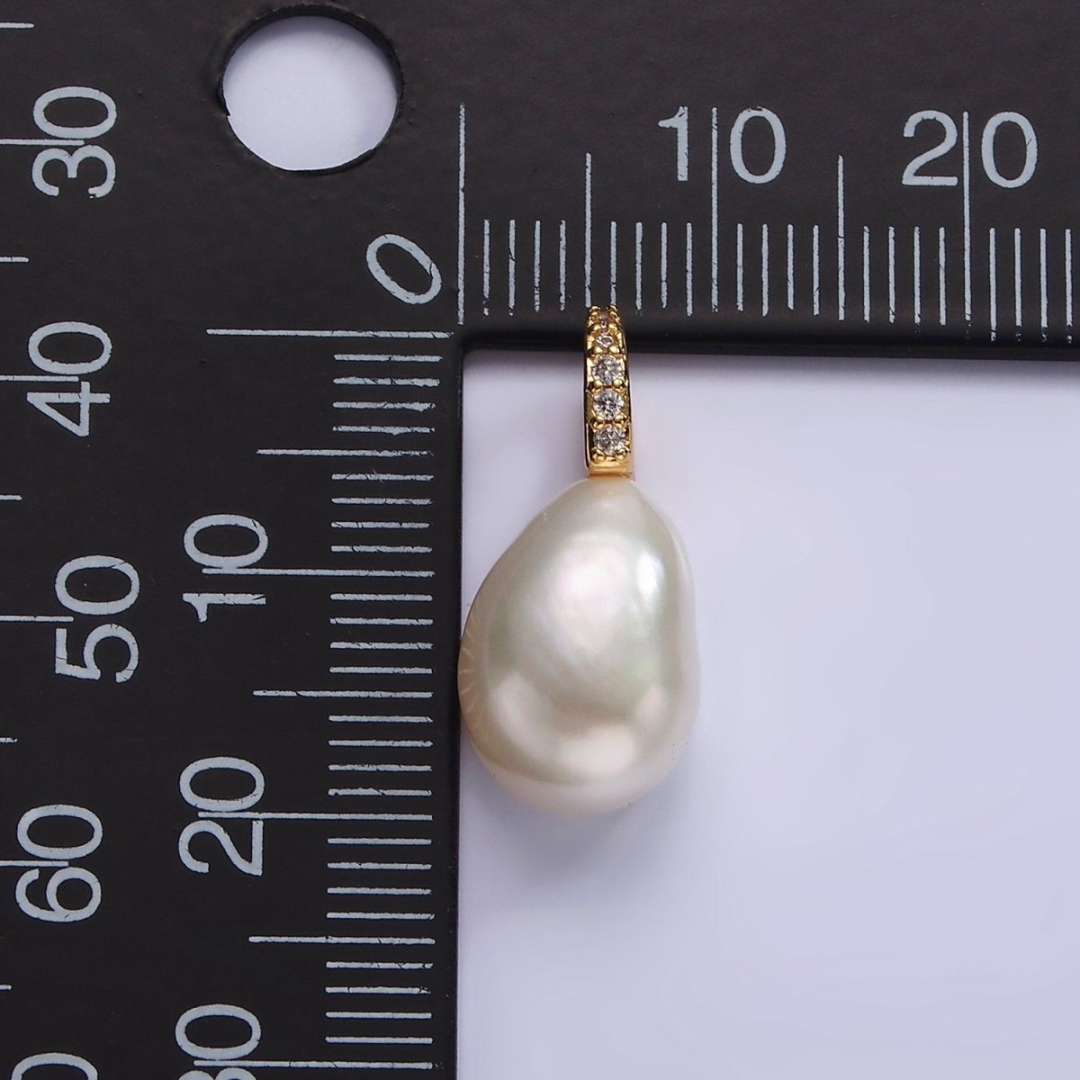 14K Gold Filled 19mm White Freshwater Pearl Button Drop Micro Paved CZ Pendant | P1641 - DLUXCA