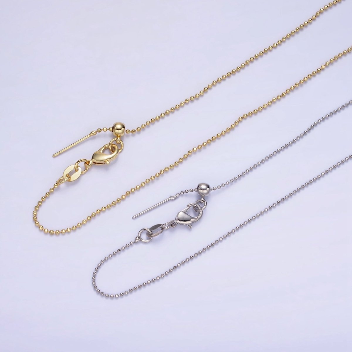 14K Gold Filled 1mm Bead Chain 17.5 Inch Needle Slider Necklace in Gold & Silver | WA-2426 WA-2427 - DLUXCA