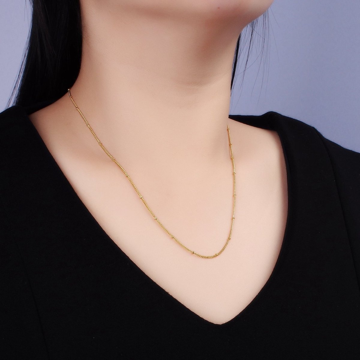14K Gold Filled 1mm Curb Satellite Chain 18 Inch Necklace w. Extender | WA-2432 - DLUXCA