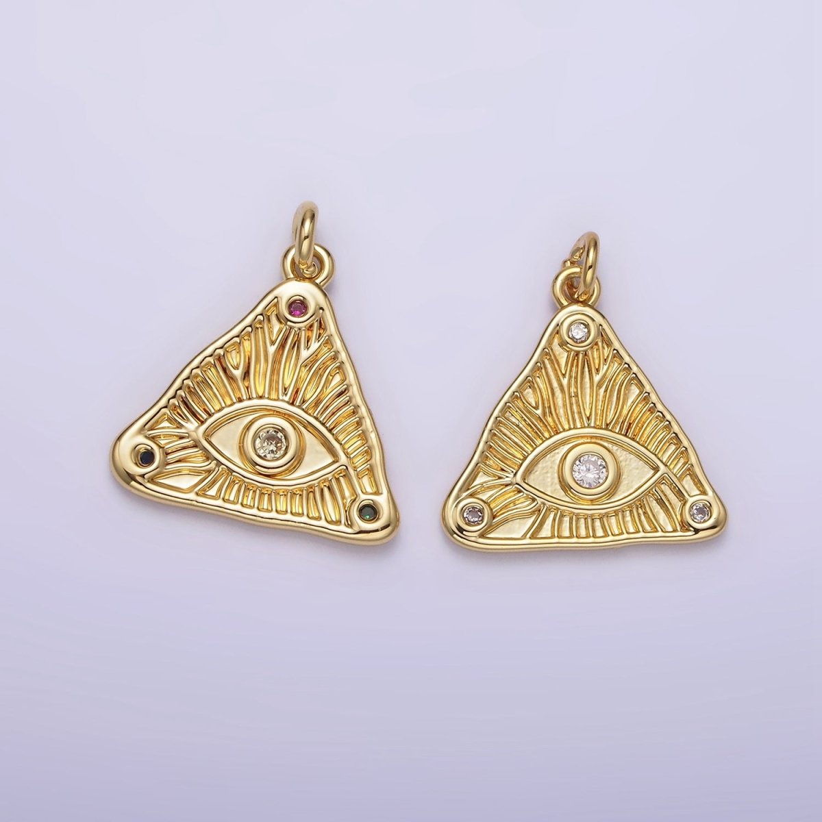 14K Gold Filled 20mm Clear, Multicolor Triple CZ Evil Eye Line-Textured Triangle Charm | AG301 AG302 - DLUXCA
