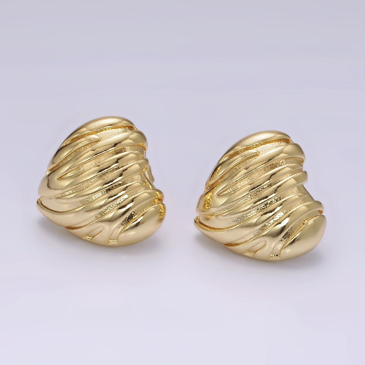14K Gold Filled 20mm Curved Lined Textured Heart Stud Earrings | V456 - DLUXCA