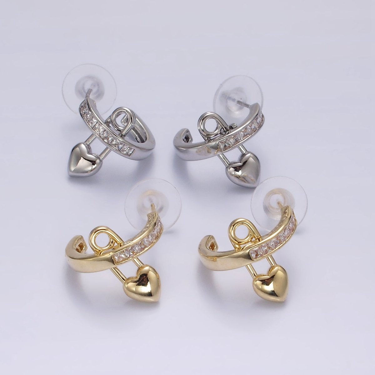 14K Gold Filled 20mm CZ Heart Safety Pin C-Shaped Hoop Earrings in Gold & Silver | V290 V291 - DLUXCA