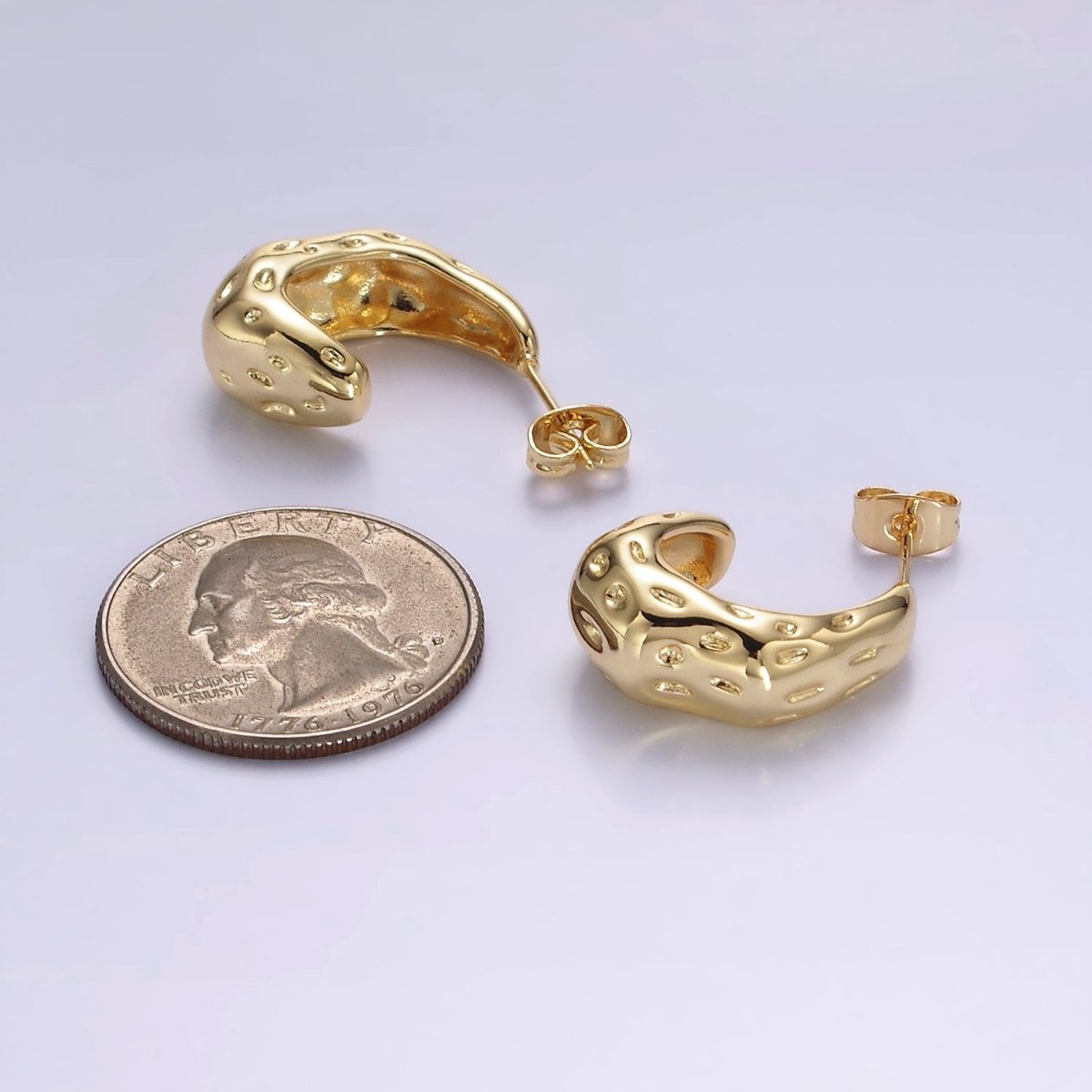 14K Gold Filled 20mm Dotted Hammered Dome J-Shaped Hoop Earrings | V286 - DLUXCA