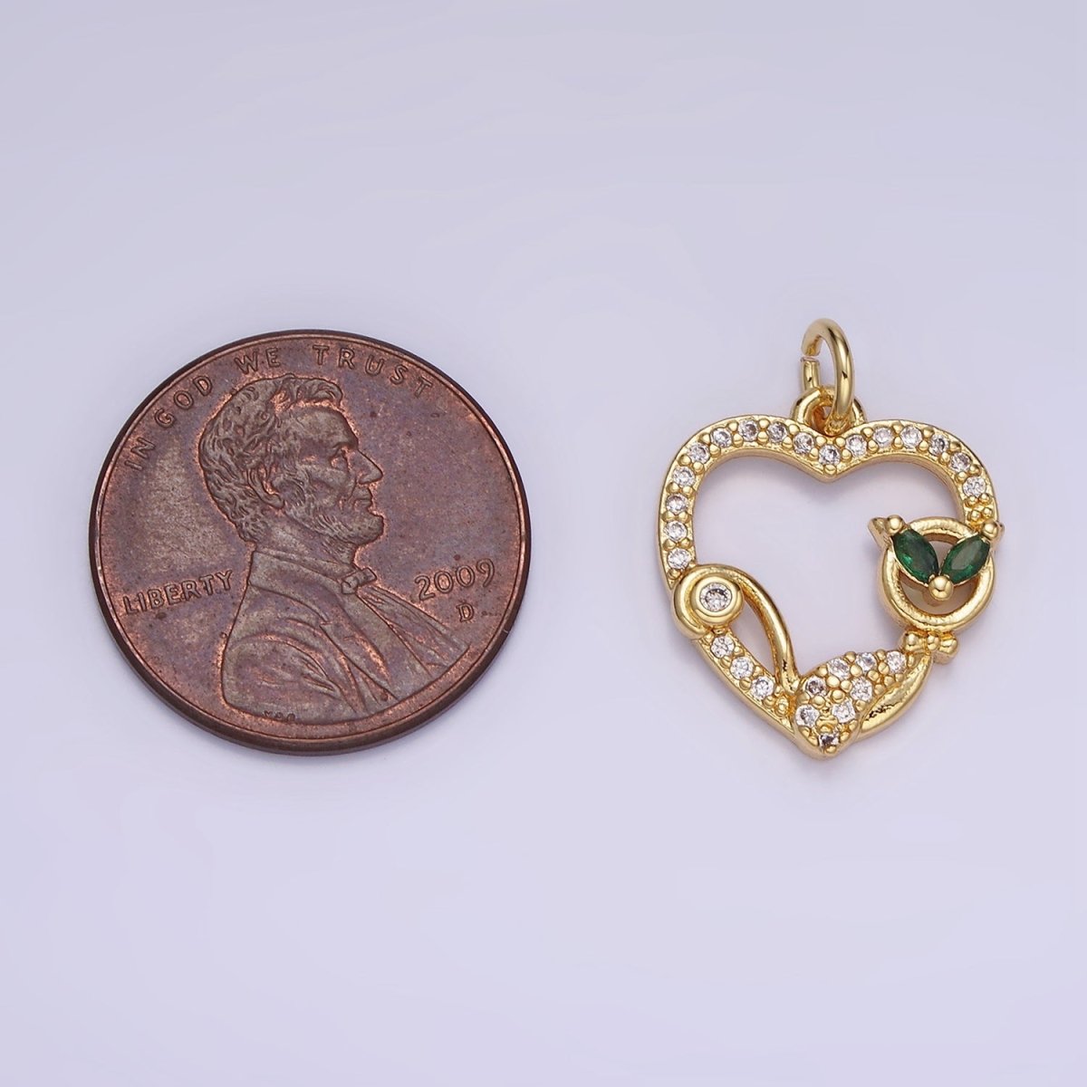 14K Gold Filled 20mm Green-Eyed CZ Micro Paved Open Heart Charm | AG643 - DLUXCA
