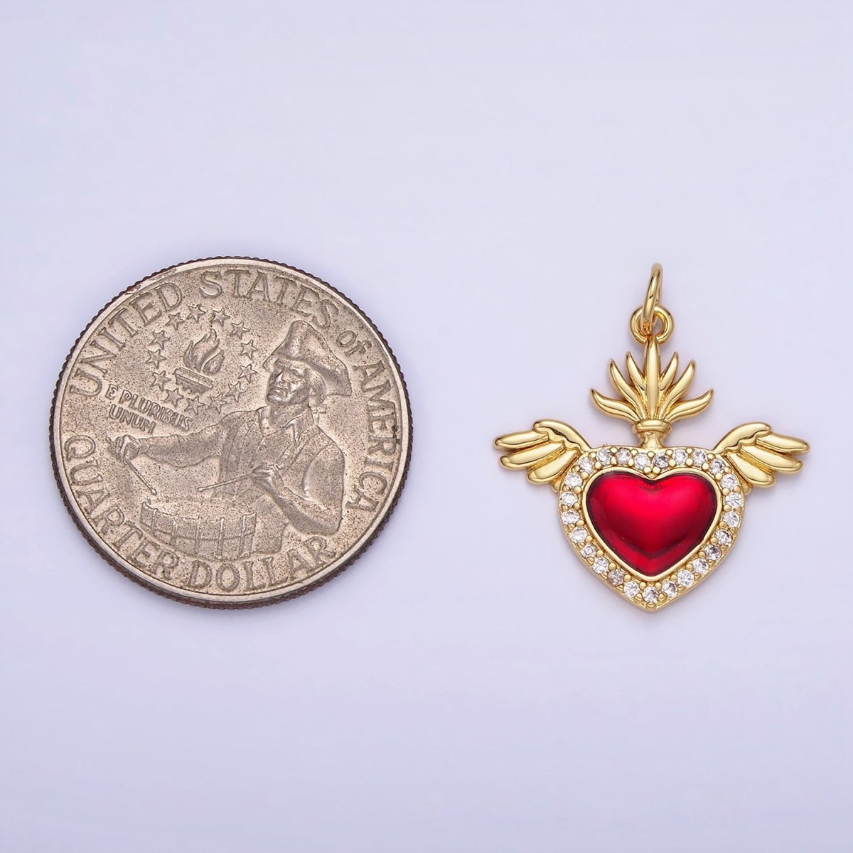 14K Gold Filled 20mm Micro Paved CZ Red Sacred Heart Feather Wings Charm | AG625 - DLUXCA