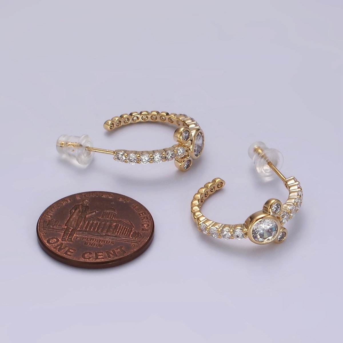 14K Gold Filled 20mm Mouse Triple Clear CZ Micro Paved C-Shaped Hoop Earrings in Silver & Gold | V466 V467 - DLUXCA