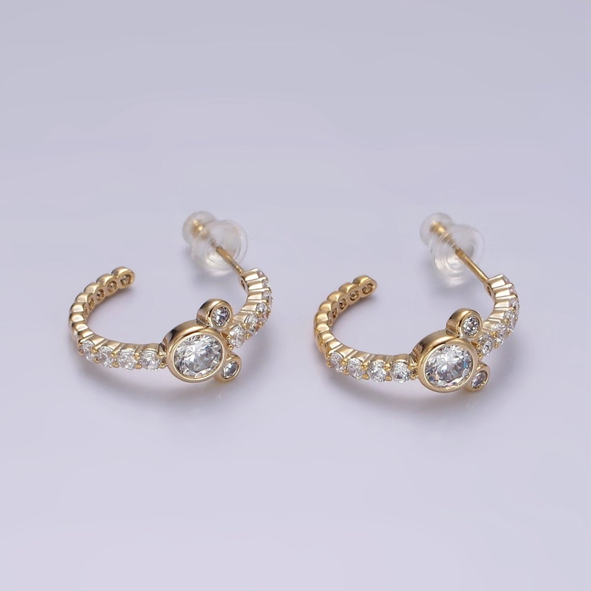 14K Gold Filled 20mm Mouse Triple Clear CZ Micro Paved C-Shaped Hoop Earrings in Silver & Gold | V466 V467 - DLUXCA