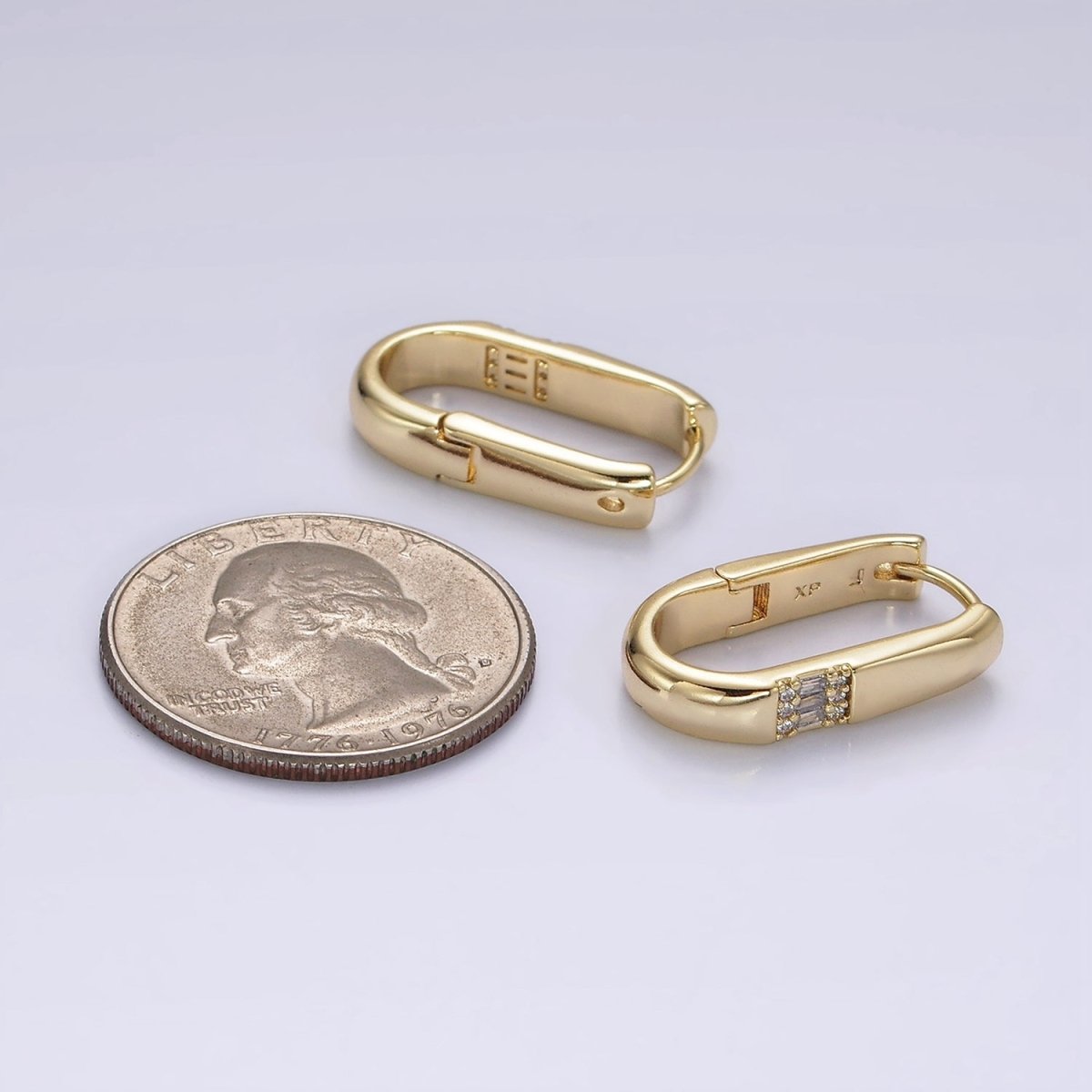 14K Gold Filled 20mm Oblong Triple Baguette Micro Paved CZ Hoop Earrings | AE931 - DLUXCA