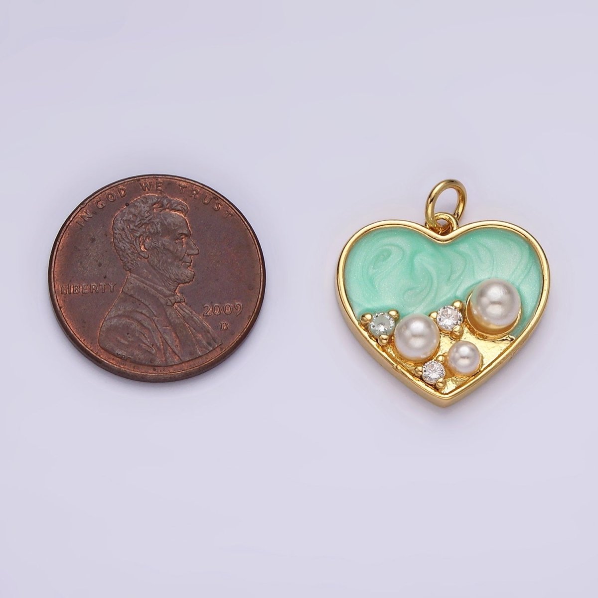 14K Gold Filled 20mm Pearl CZ Dotted Teal Sparkly Enamel Heart Charm | AC788 - DLUXCA