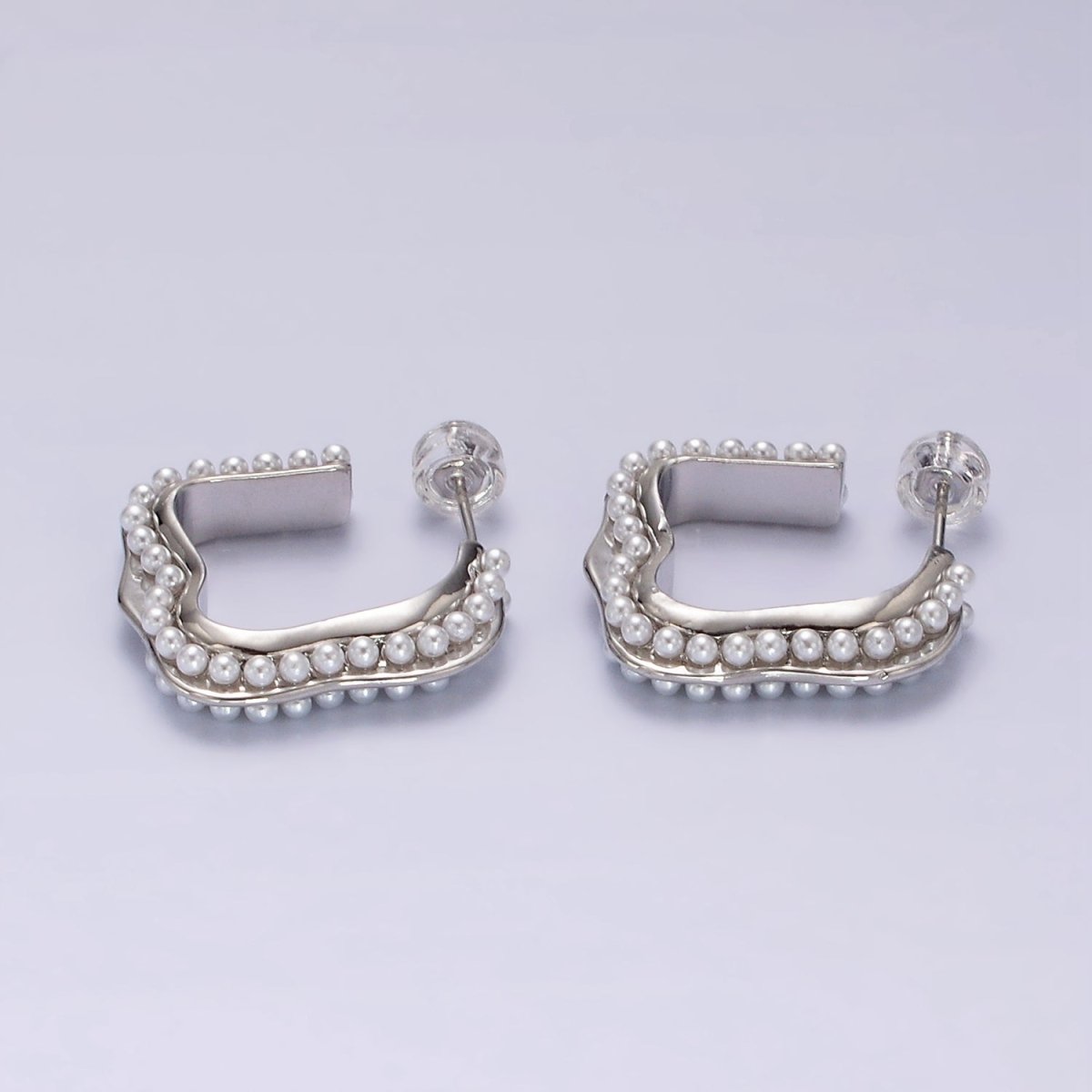 14K Gold Filled 20mm Pearl Lined Boxy J-Shaped Hoop Earrings in Silver & Gold | AE241 AE242 - DLUXCA