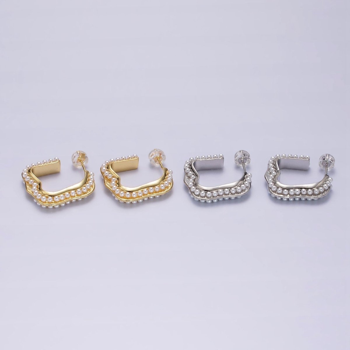 14K Gold Filled 20mm Pearl Lined Boxy J-Shaped Hoop Earrings in Silver & Gold | AE241 AE242 - DLUXCA