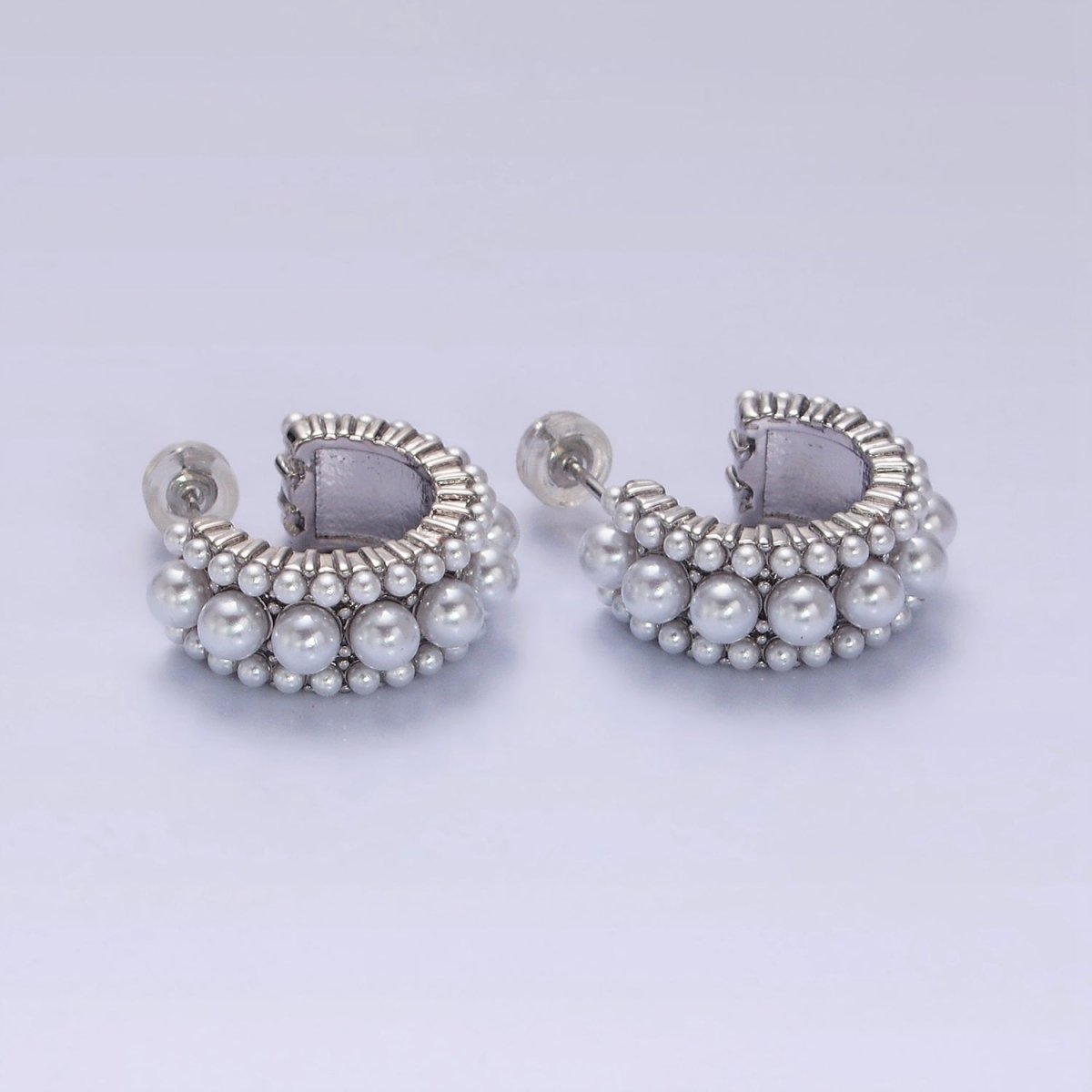 14K Gold Filled 20mm Triple White Pearl Lined C-Shaped Hoop Earrings in Gold & Silver | Y-923 Y-928 - DLUXCA