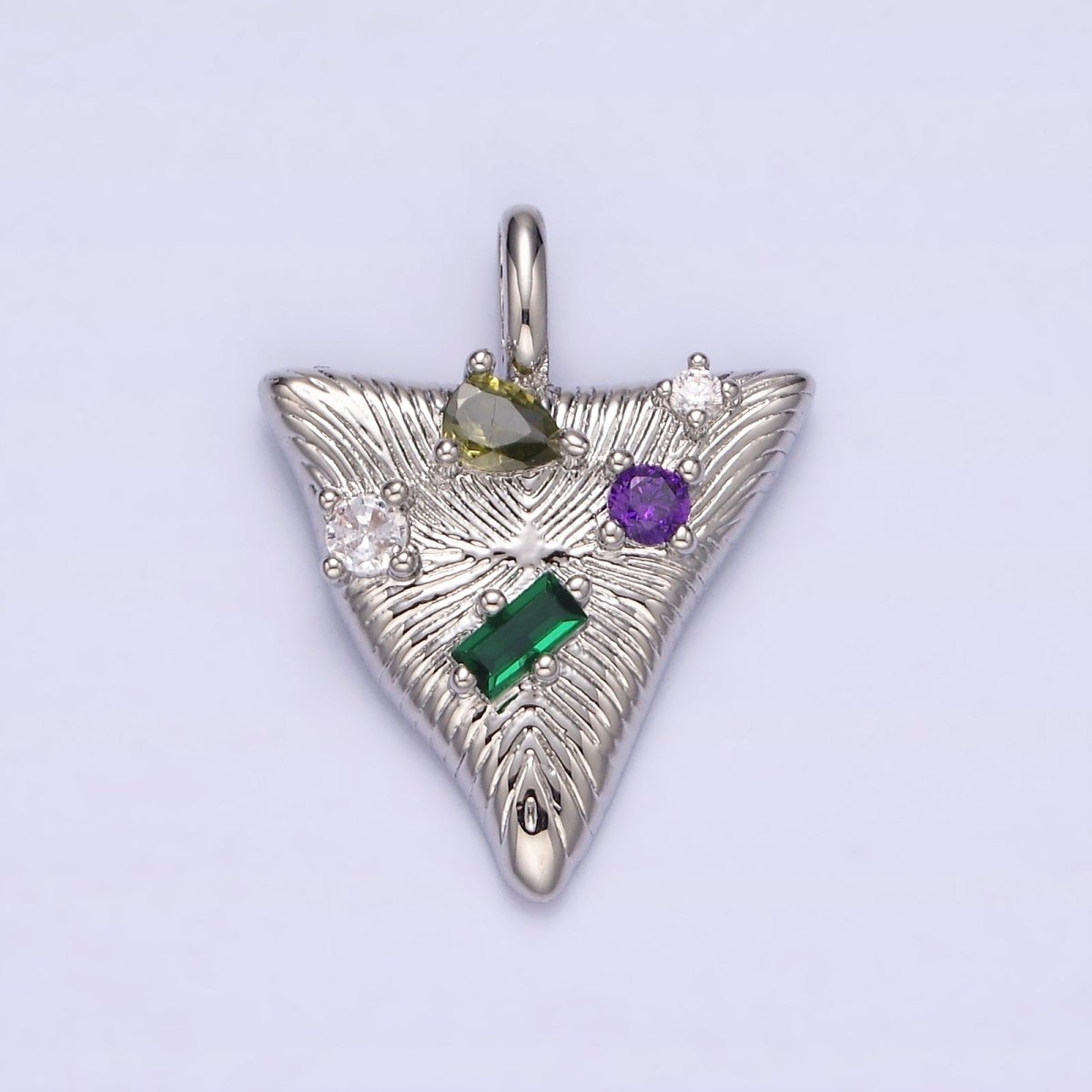 14K Gold Filled 21.5mm Multicolor CZ Line-Textured Abstract Triangle Pendant in Gold & Silver | AA737 AA738 - DLUXCA