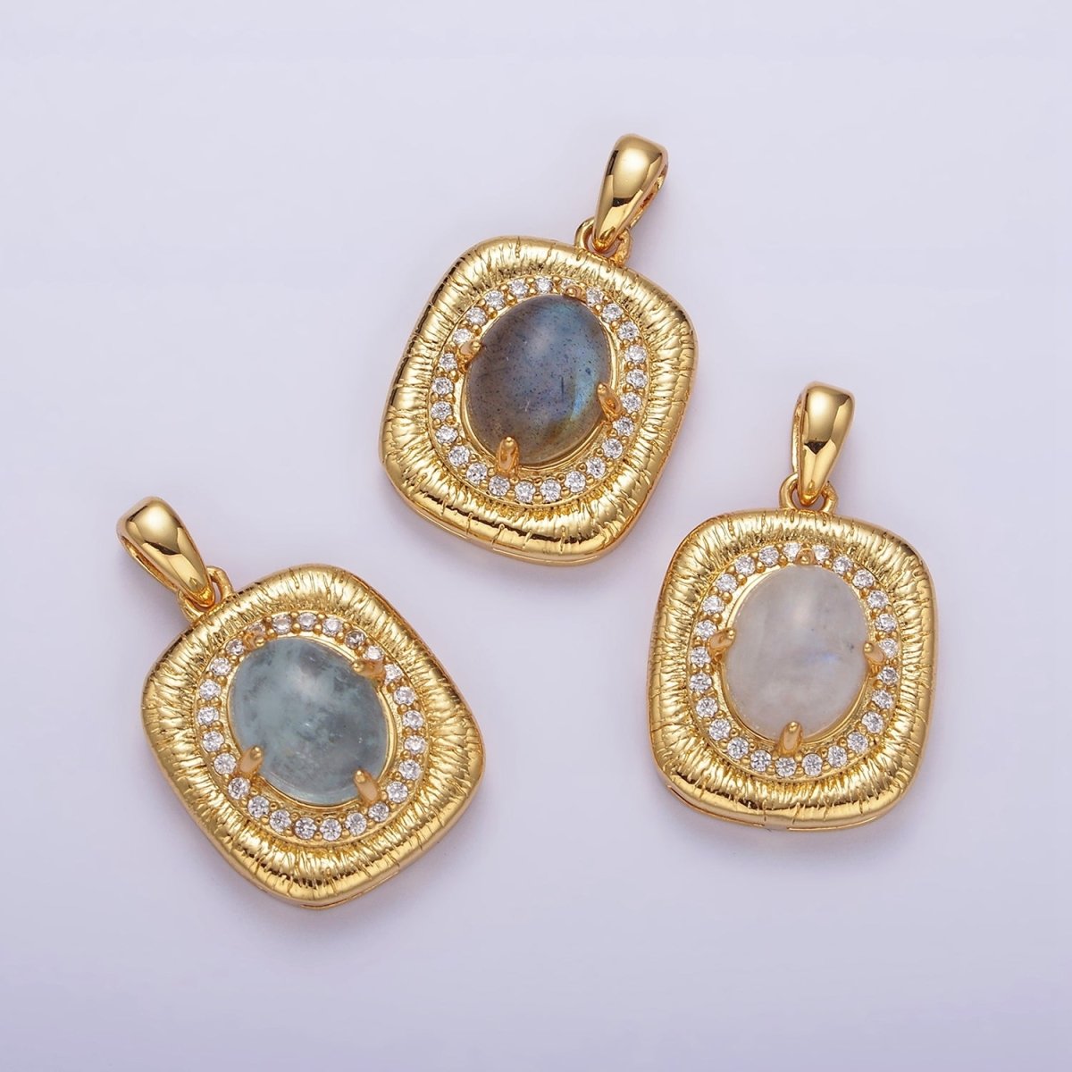 14K Gold Filled 21mm Moonstone, Labradorite, Blue Agate Oval Micro Paved CZ Lined Pendant | AA-689 - AA-691 - DLUXCA