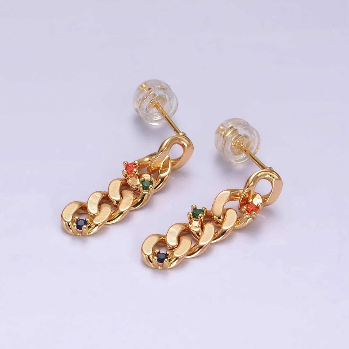 14K Gold Filled 21mm Multicolor CZ Curb Chain Link Drop Stud Earrings | AE909 - DLUXCA