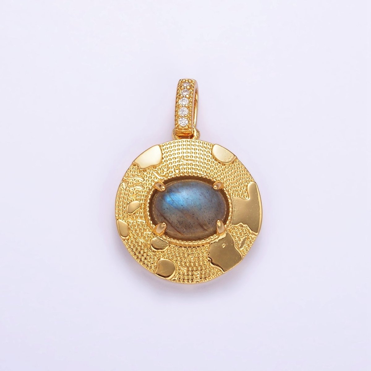 14K Gold Filled 22.5mm Moonstone, Labradorite, Blue Agate Oval Dotted Splatter Micro Paved CZ Bail Round Pendant | AA692 - AA694 - DLUXCA