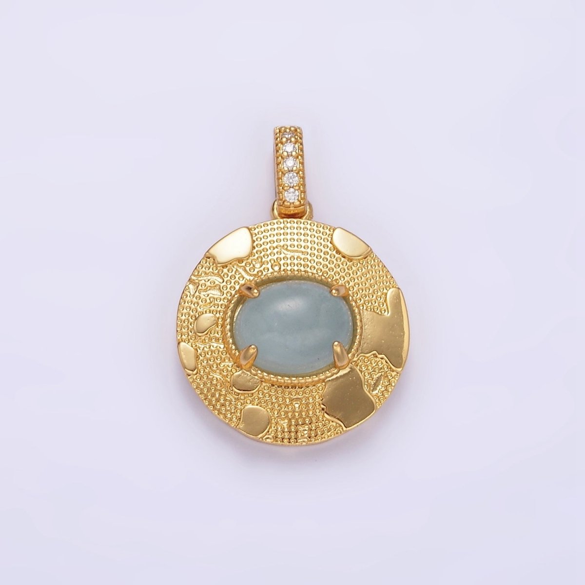 14K Gold Filled 22.5mm Moonstone, Labradorite, Blue Agate Oval Dotted Splatter Micro Paved CZ Bail Round Pendant | AA692 - AA694 - DLUXCA