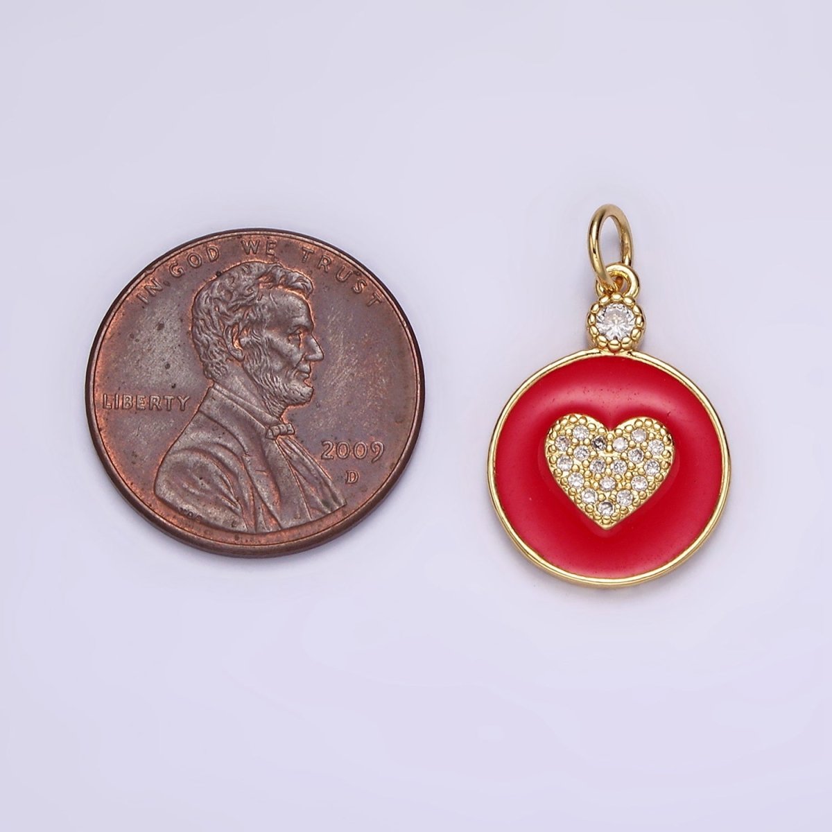 14K Gold Filled 22mm Clear Micro Paved CZ Heart Red Enamel Round Charm | N1733 - DLUXCA