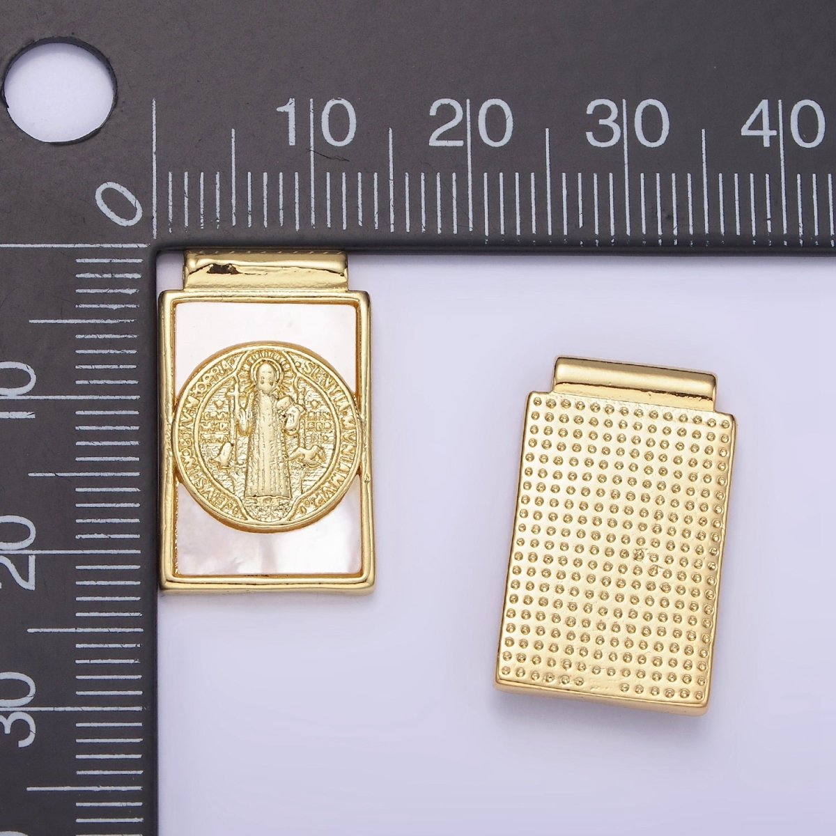 14K Gold Filled 22mm Saint Benedict Shell Pearl Rectangular Pendant | AH155 - DLUXCA