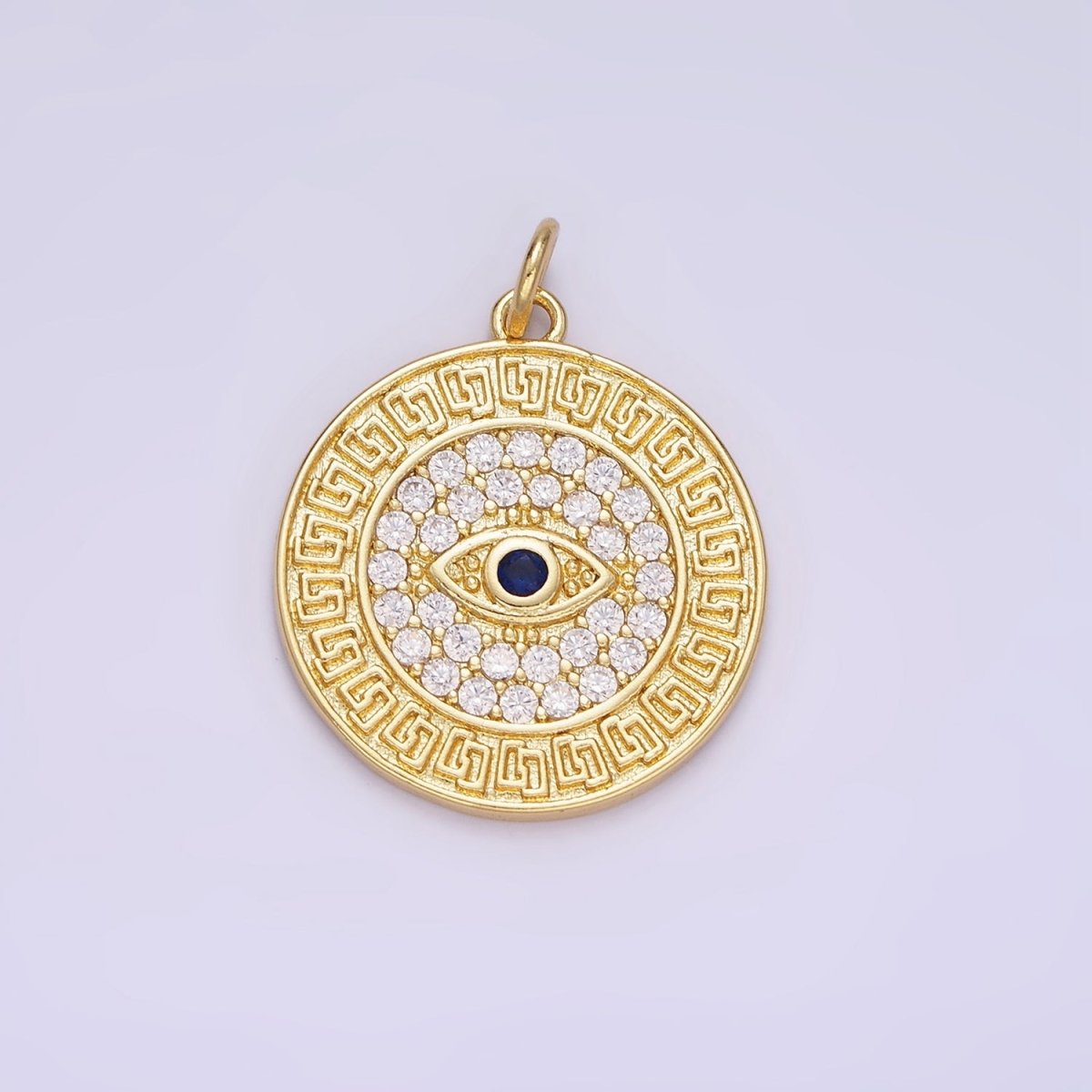 14K Gold Filled 23mm Blue Evil Eye Micro Paved CZ Round Charm in Gold & Silver | AG649 - DLUXCA