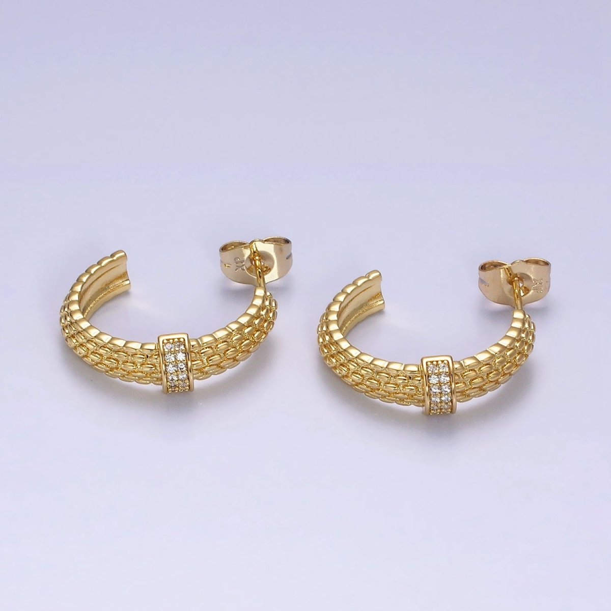 14K Gold Filled 23mm Sphere Textured Clear CZ Micro Paved Bar C-Shaped Hoop Earrings | Y-895 - DLUXCA