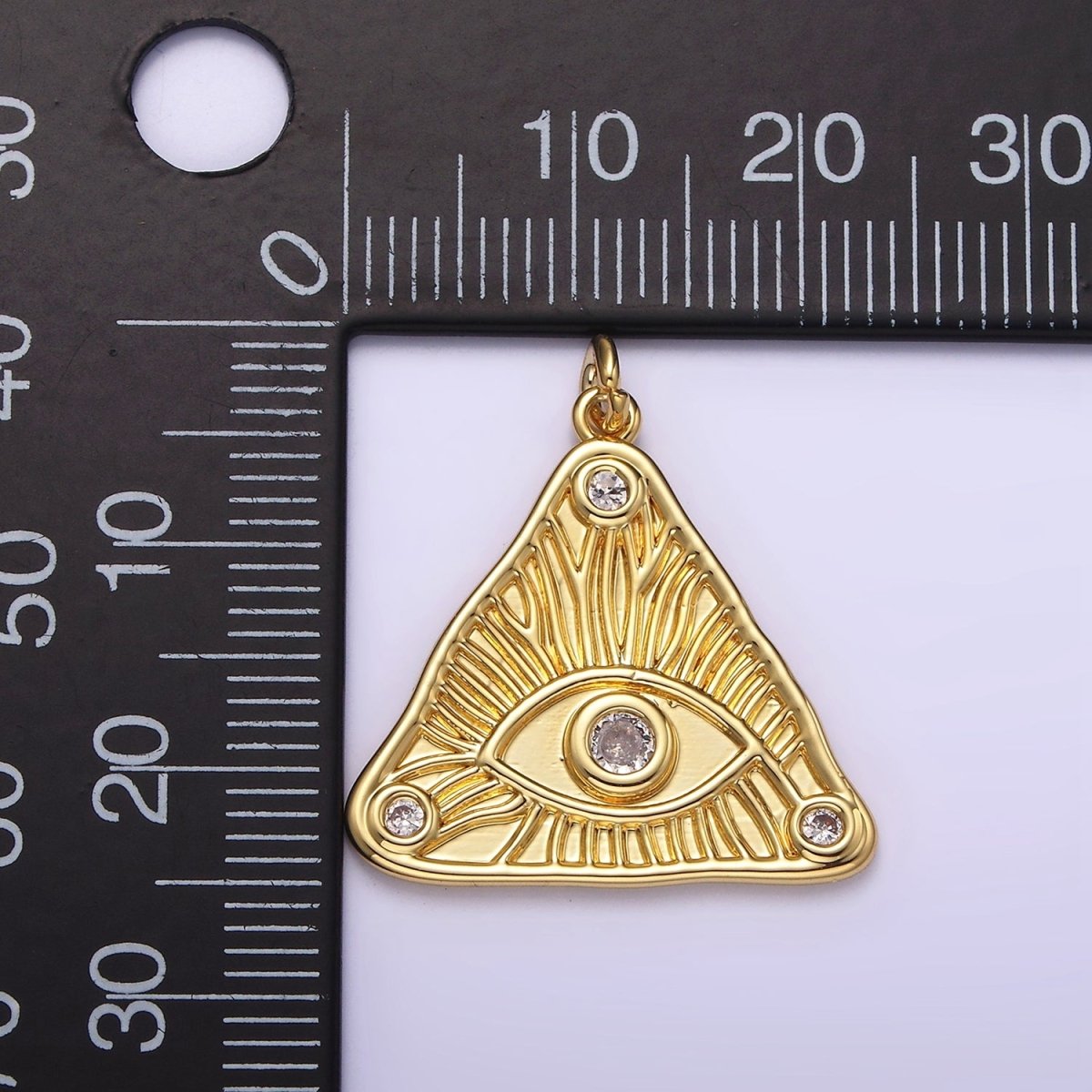 14K Gold Filled 24.5mm Clear Triple CZ Evil Eye Line-Textured Triangle Charm | AG265 - DLUXCA